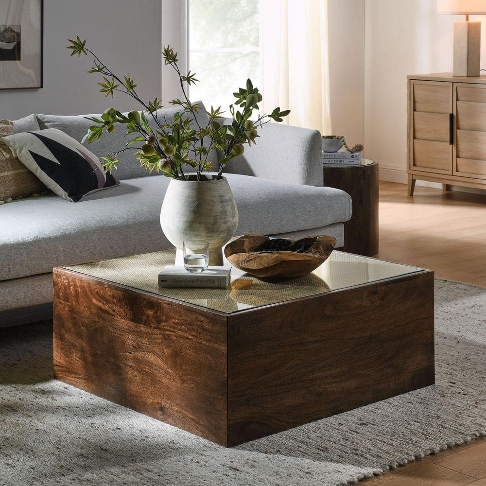 tobacco brown coffee table Truett Square Wood Rattan Coffee Table
