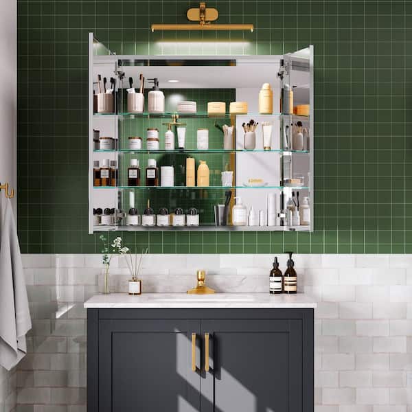 30 in. W x 30 in. H Rectangular Silver Aluminum Recessed/Surface Mount Medicine Cabinet with Mirror and Soft-Close Door