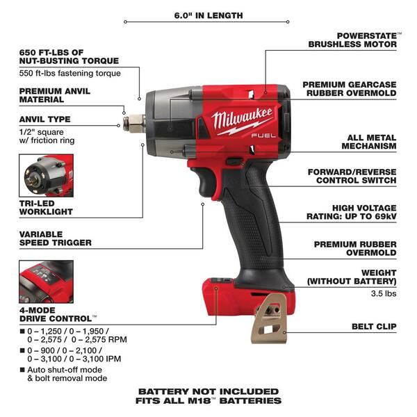 Black//Red 2962-20 for sale online Milwaukee M18 Fuel 1//2/" Mid-Torque Impact Wrench with Friction Ring