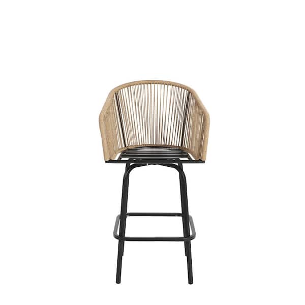 OGETFUUR Wicker and Steel Outdoor Bar Stools with Gary Cushion for Patio Backyard Garden Pool Balcony（2-Pack）