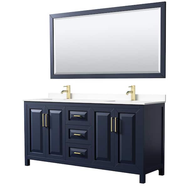 Wyndham Collection Daria 72in.Wx22 in.D Double Vanity in Dark Blue with Cultured Marble Vanity Top in White with Basins and Mirror