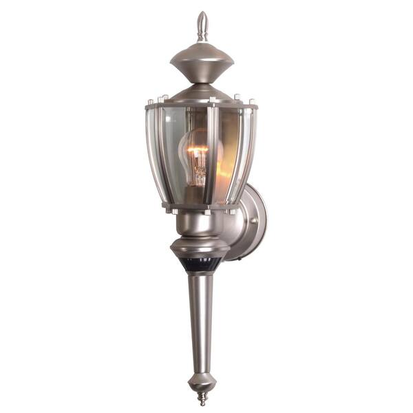 Southwire 19 in. Beveled Glass Coach 1-Light Pewter Motion Activated Outdoor Dusk to Dawn Wall Mount Lantern