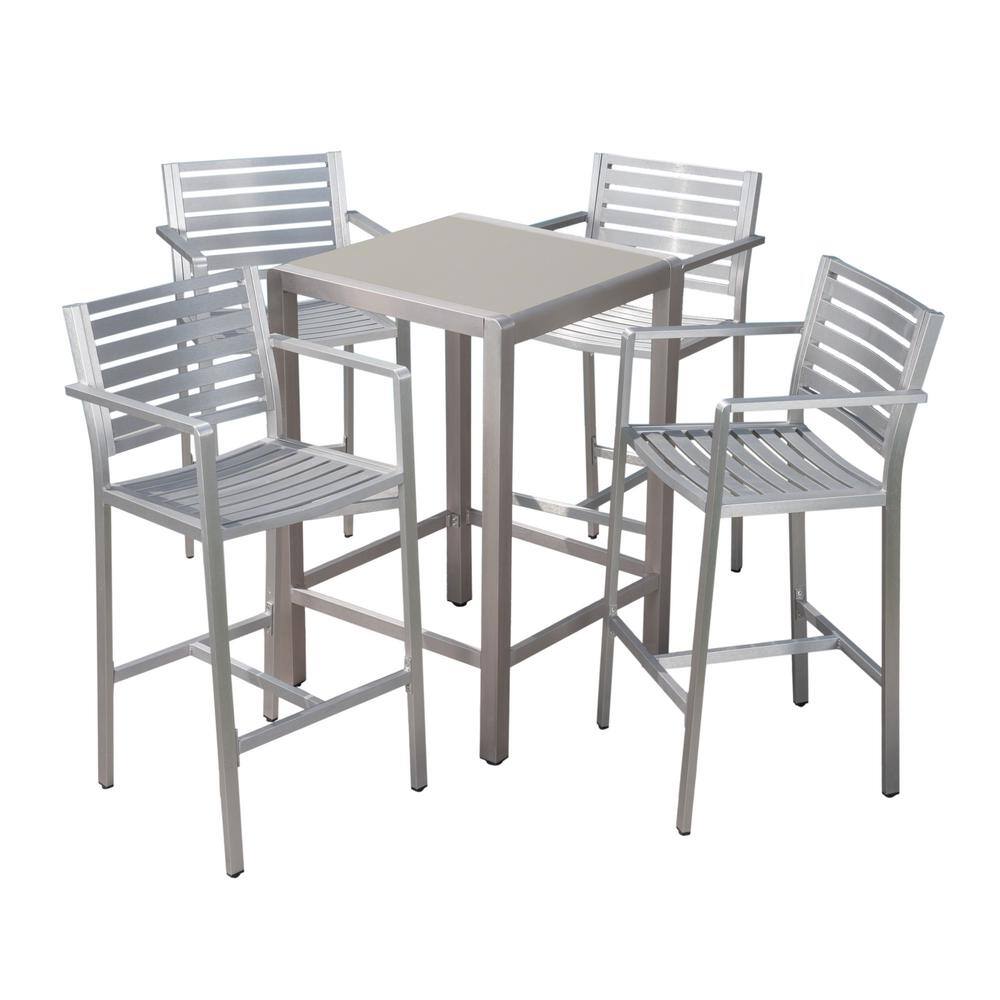 Modern Silver 5-Piece Aluminum Bar Set with Square Glass Top