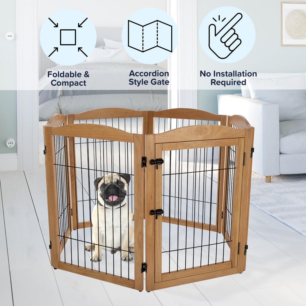 Natural Wood and Metal Freestanding Pet Gate, 132.5x31.5-Inch