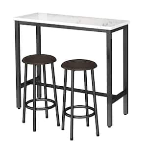 Modern 3-Piece Rectangle White Faux Marble Top Bar Table Set with Steel Frame and 2 Upholstered Stools