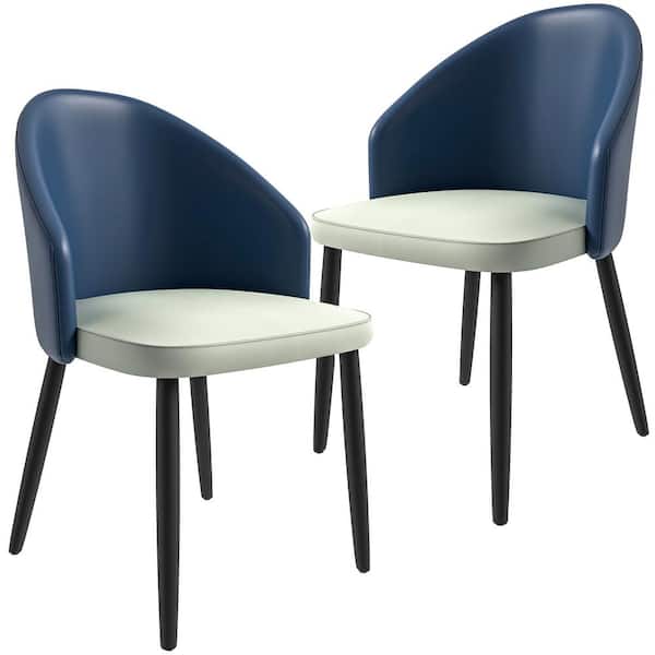 Leisuremod Upholstered Dining Chair in Leather with Wood Legs Set of 2 Paradiso Collection (Blue/White)