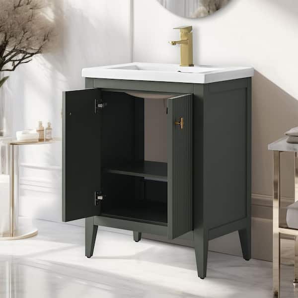 24 in. W x 18.5 in D x 34 in. H Single Sink Bath Vanity Cabinet in Linear Vintage Green with Ceramic Top