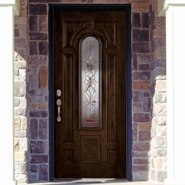 37.5 in. x 81.625 in. Lakewood Zinc Center Arch Lite Stained Chestnut Mahogany Left-Hand Fiberglass Prehung Front Door