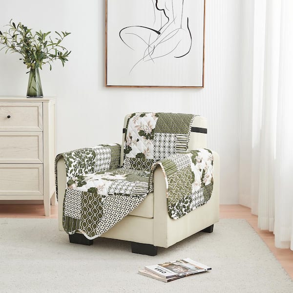 Olive / Brown Reversible Floral Microfiber Chair Furniture Protector Slipcover