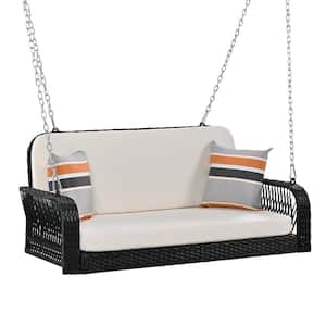 2-Seater Black Wicker Porch Swing Hanging Bench with Chains, Beige Cushions for Backyard Garden Poolside