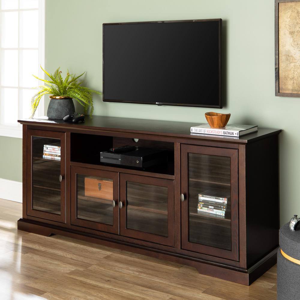 Espresso 70" TV Stand with Glass Cabinets and Shelves
