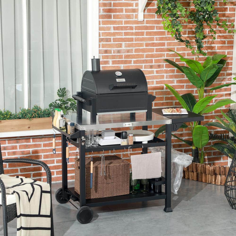 Stainless Steel Outdoor Grill Cart with Folding Side Table and Wheels