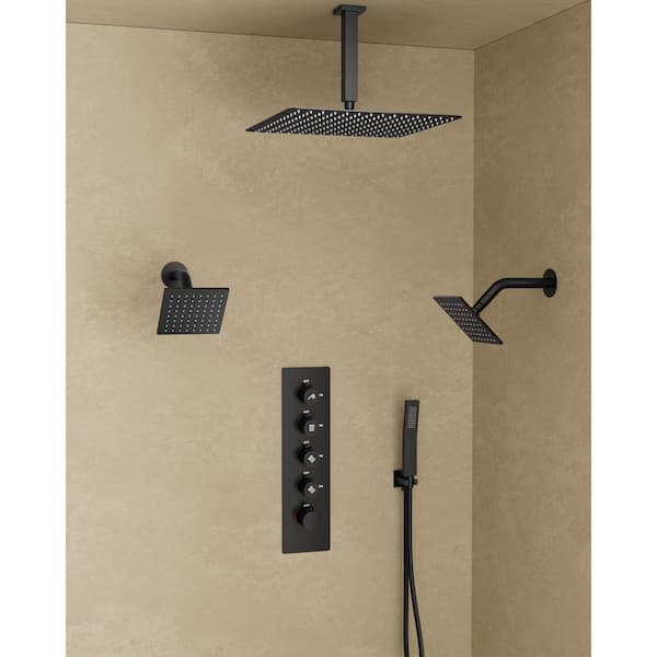 5 Handles Thermostatic Valve 15-Spray 16 x 6 x 6 in. Ceiling Mount Dual Shower Head and Handheld Shower in Matte Black