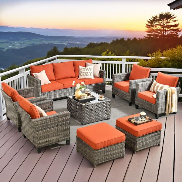 Daphne 8-Piece Wicker Modern Outdoor Patio Conversation Sofa Seating Set with Orange Red Cushions
