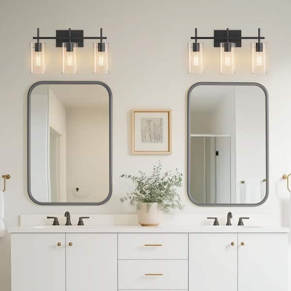 20 in. Black Metal 3-Light Bathroom Vanity Light with Cylindrical Clear Glass Shades for Bathroom, Vanity, or Mirror