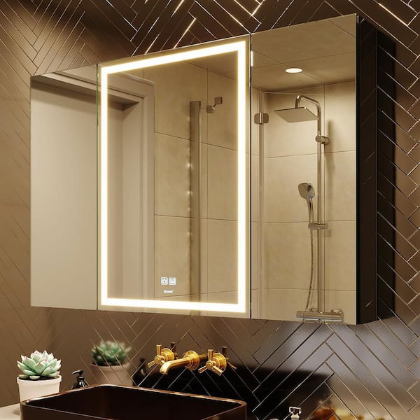 40 in. W x 28 in. H Large LED Rectangular Silver Wall Mount Medicine Cabinet with Mirror