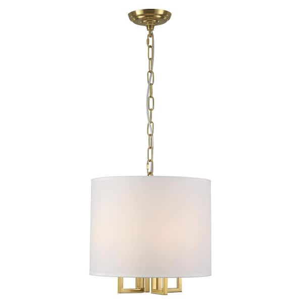 4-Light Gold Drum Chandelier with White Fabric Shade for Kitchen Island Dining Room