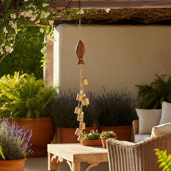 Gold 3 in. x 29 in. Metal and Wood Hanging Wind Chime Bells with Fish