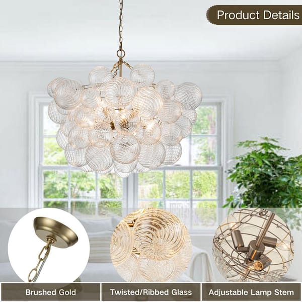 Neuvy 8-Light 33 in. W Brass Chandelier with Swirled-Glass Orb Cluster Bubble Ribbed Glass Chandelier for Living Room