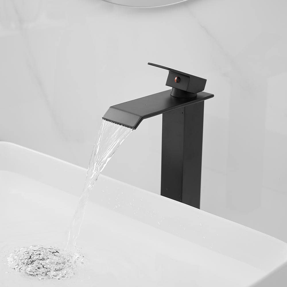 Matte Black Tall Waterfall Vessel Sink Faucet with Pop-Up Drain