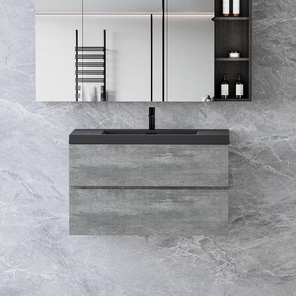 Abruzzo EDI 30 in. W x 18.7 in. D x 19.7 in. H Wall Mount Floating Bathroom Vanity in Gray with Black Quartz Sand Surface Top