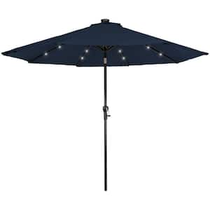 9 ft. Aluminum Solar Lighted Outdoor Patio Market Umbrella with Hand Crank and Tilt Navy Blue