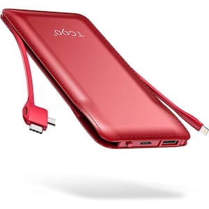 10000mAh Portable Power Bank with Built in Lightning Cable Battery Backup Compatible w/IPhone and Android, Red