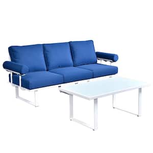 Teton Grand White 2-Piece Aluminum Outdoor Patio Conversation Set with Navy Blue Cushions and a Coffee Table