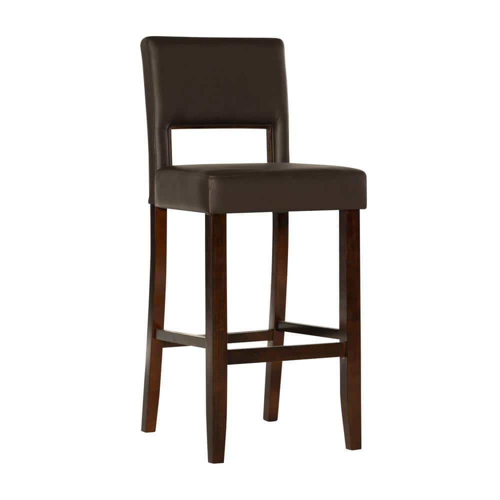 Edison 30 in. Espresso Brown High Back Wood Bar Stool with Faux Leather Sea
