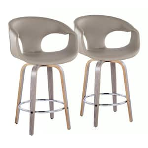 Curva 25.5 in. Light Grey Faux Leather, Light Grey Wood, and Chrome Metal Fixed-Height Counter Stool (Set of 2)