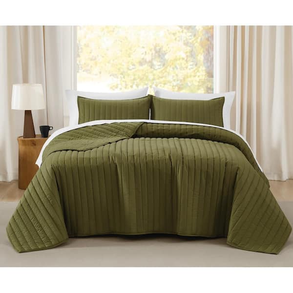 Oversized Cotton Percale Olive Green Full/Queen 3 Piece Quilt Set