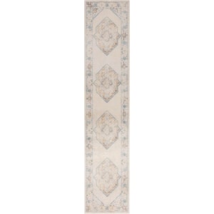 Astra Machine Washable Ivory Blue 2 ft. x 8 ft. Center medallion Traditional Runner Area Rug