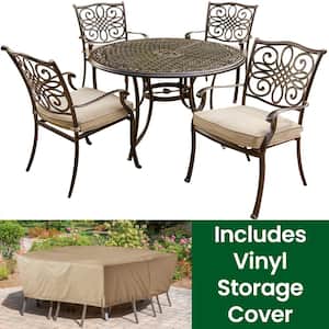 Traditions 5-Piece Aluminum Round Outdoor Dining Set with Protective Cover and Natural Oat Cushions included