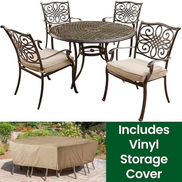 Hanover Traditions 5-Piece Aluminum Round Outdoor Dining Set with Protective Cover and Natural Oat Cushions included