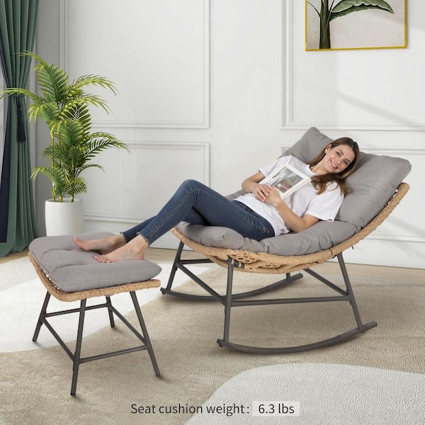 PHI VILLA Wood-Colored Rattan Curved 2-Piece Steel Outdoor Patio Rocking Lounge Egg Chairs with Removable Gray Cushion and Ottoman