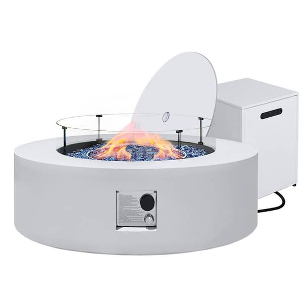 42-Inch Round Iron Gas Fire Pit Table, Includes Tank Cover and Wind Guard, White