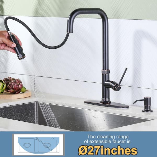 Brass Single Handle Pull Down Sprayer Kitchen Faucet with Soap Dispenser in Oil Rubbed Bronze