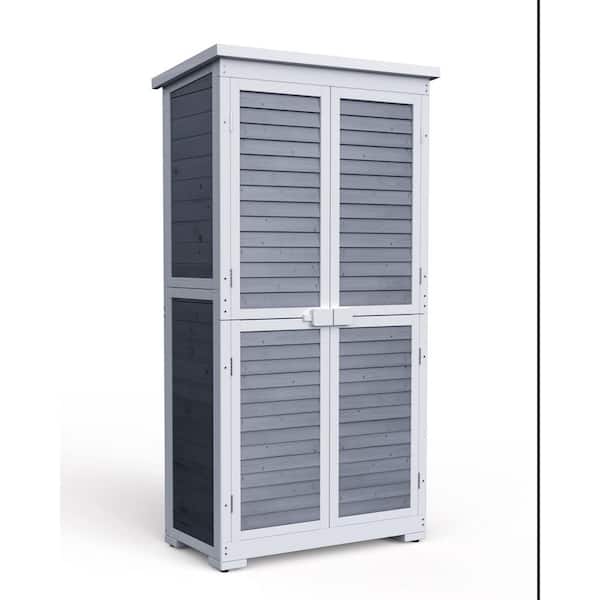 34.3 in. W x 18.3 in. D x 63.2 in. H Wood Outdoor Storage Cabinet, Double Lockable Wooden Garden Shed in Gray.