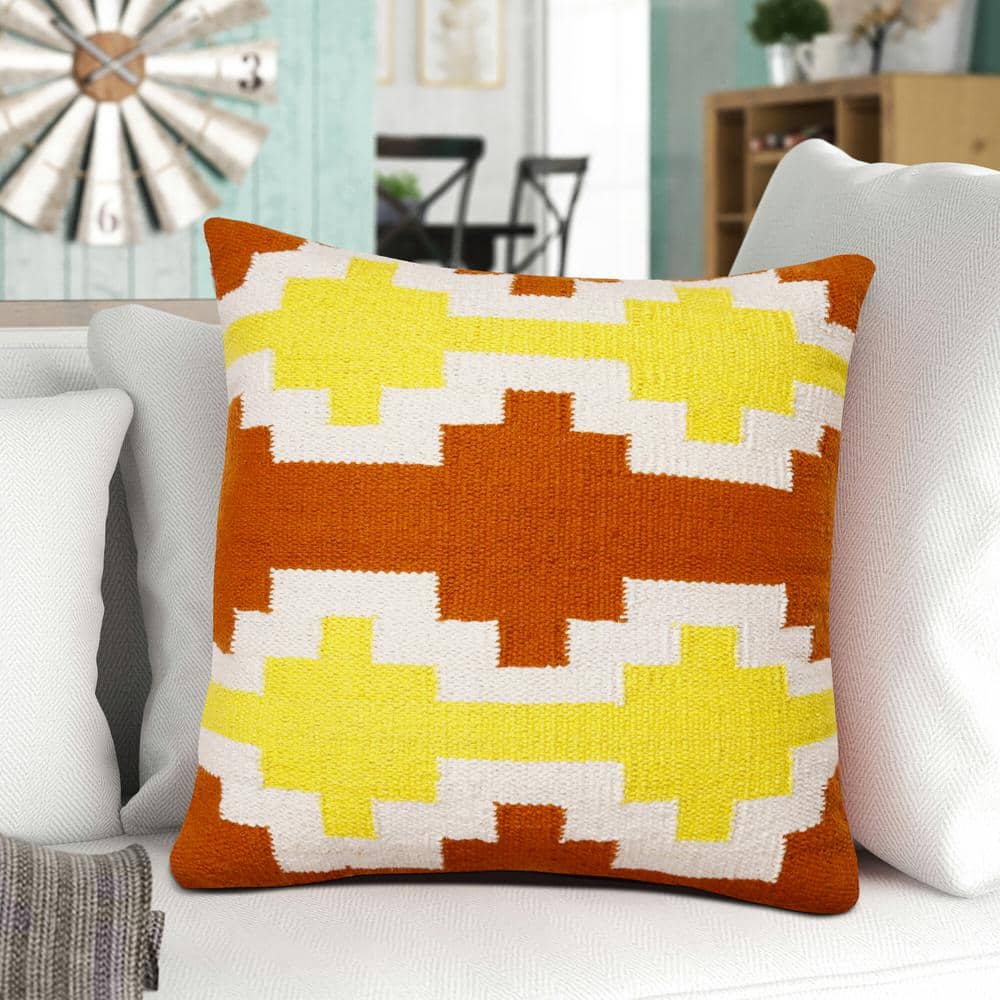 Adobe Orange, Yellow, and White Geometric Lattice 20" Cotton Throw Pillow