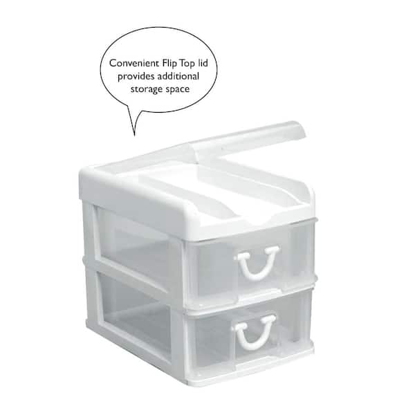 Gracious Living Clear Mini 2 Drawer Desk and Office Organizer with Flip Top  Storage for Cosmetics, Arts, Crafts, and Stationery Items, White (4 Pack)