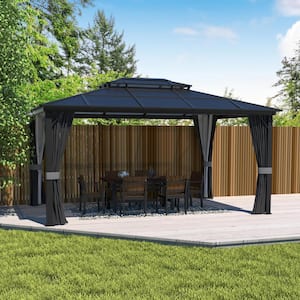 16 ft. x 12 ft. Aluminum Gazebo Polycarbonate Double Top Roof with Gray Curtains and Netting