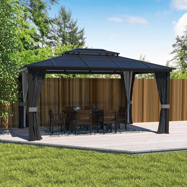 VEIKOUS 16 ft. x 12 ft. Aluminum Gazebo Polycarbonate Double Top Roof with Gray Curtains and Netting