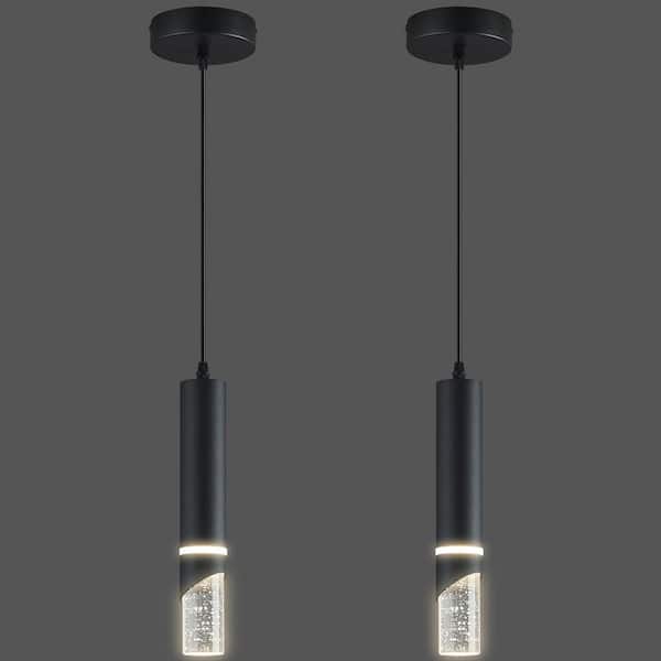 Home Lighting 6W Black 2-Pack Modern Crystal Integrated LED Pendant Light Over Sink for Kitchen Island, 2Pack