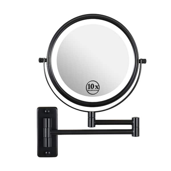 Tileon 8 in. W x 8 in. H Small Round 10X Magnifying 2-Sided Bathroom Makeup Mirror with Built-in Battery & Type-C Port in Black