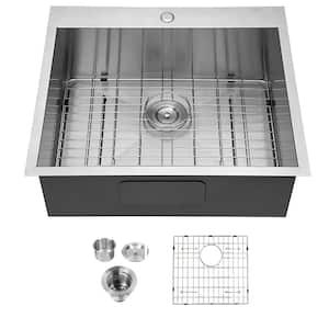 25 in. Single Stainless Steel Bowl Topmount Kitchen Sink 18-Gauge Outdoor Sink with Bottom Grid and Basket Strainer