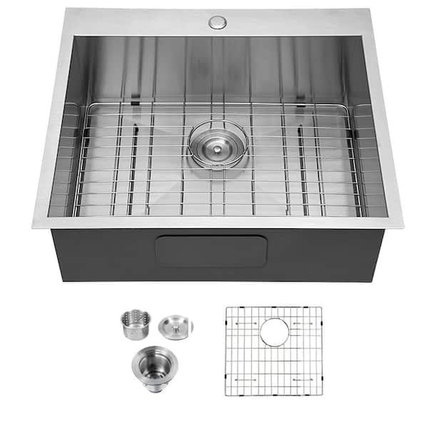 LORDEAR 25 in. Single Stainless Steel Bowl Topmount Kitchen Sink 18-Gauge Outdoor Sink with Bottom Grid and Basket Strainer