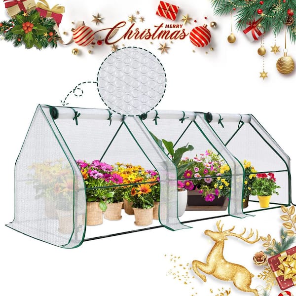 8 ft. L x 3 ft. W x 3 ft. H Portable Mini Greenhouse with Transparent Bubble Film Cover, 3 Large Zippered Doors