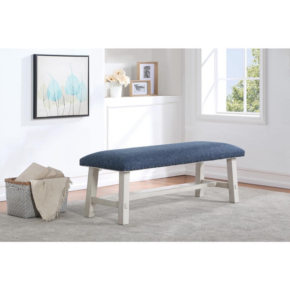 Navy Blue Polyester Upholstered Bench with Wood Frame and Bronze Nailhead Trim