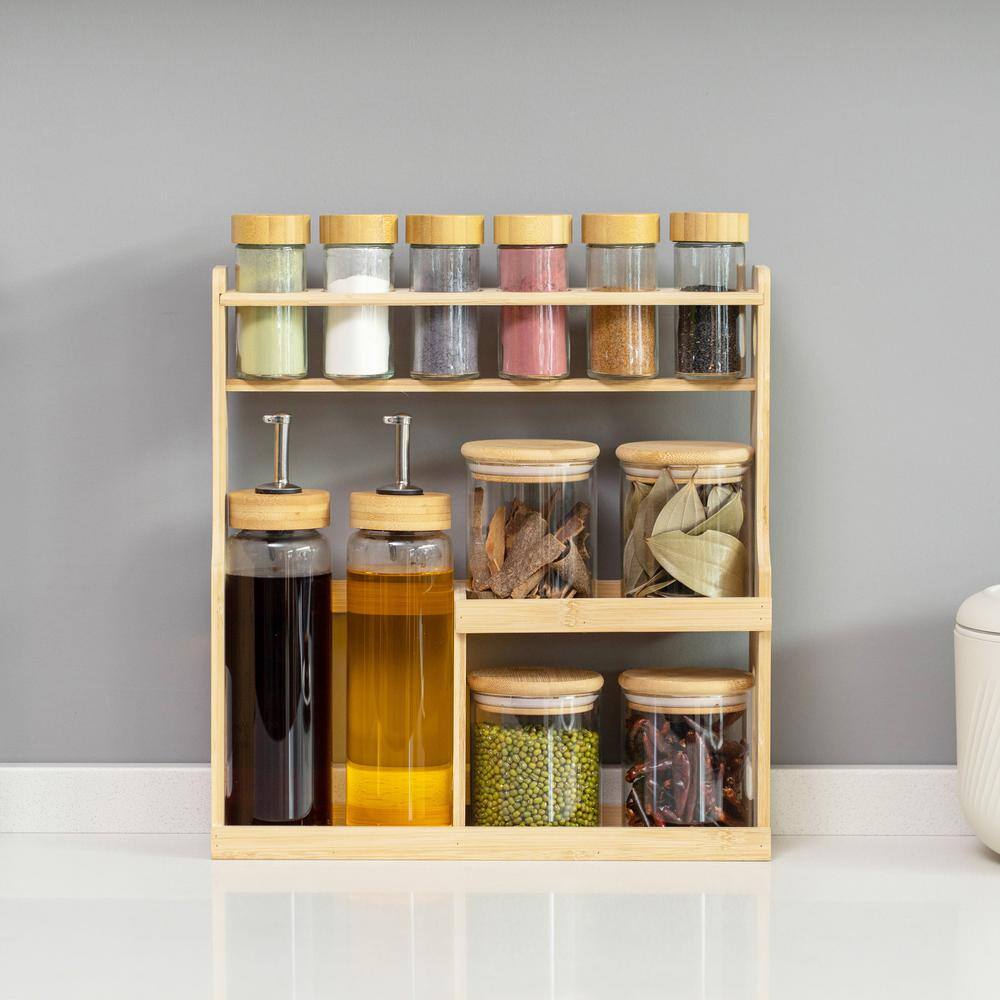 3-Tier Bamboo Spice Rack with Airtight Jars and Dispensers