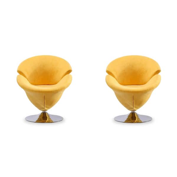 Manhattan Comfort Tulip Modern Yellow and Polished Chrome Velvet Upholstered Swivel Accent Occasional Chair (Set of 2)